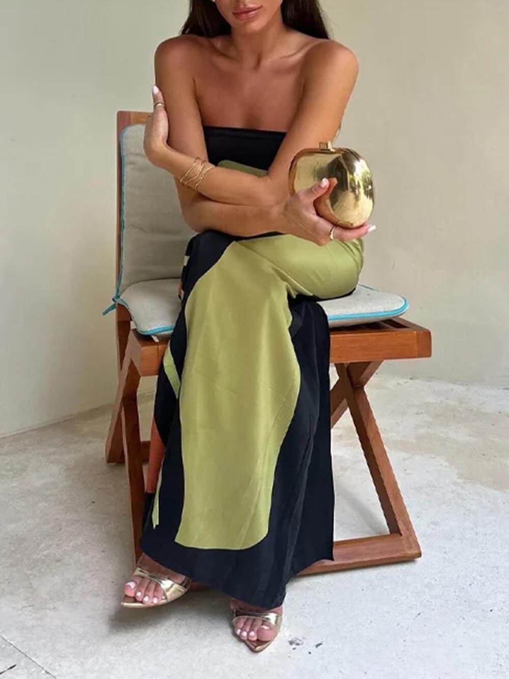 Off Shoulder Fashion Contrast Sleeveless Printed Maxi Dress