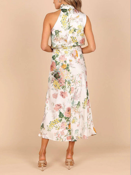 Halter Neck Floral Elastic Waist Maxi Dress