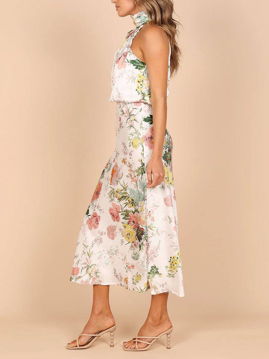 Halter Neck Floral Elastic Waist Maxi Dress