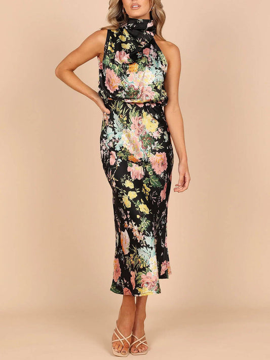 Halter Neck Floral Elastic Waist Maxi Dress