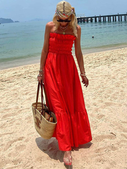 Off Shoulder Smocked Bust Vacation Maxi Dress