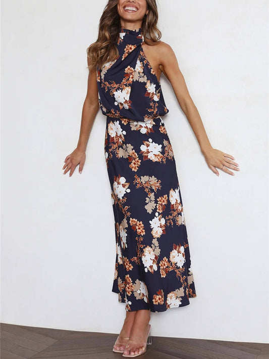 Halter Neck Floral Elastic Waist Maxi Dress